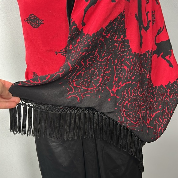 Peter Nygard Scarf Double Sided Black Velvet Red Printed Silk Fringe - Picture 3 of 16
